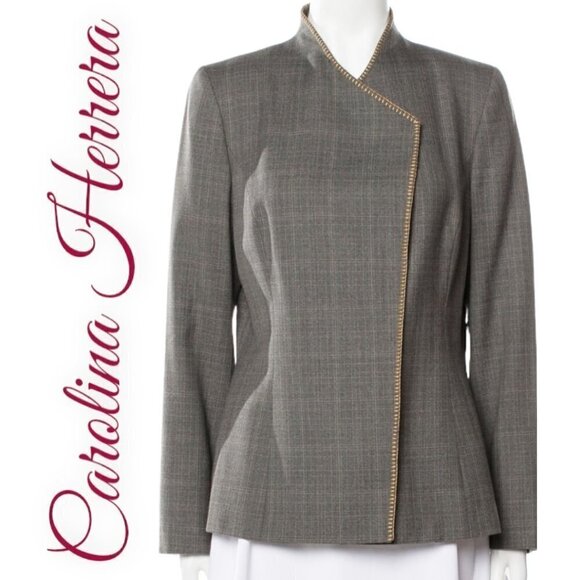 CAROLINA HERRERA Elegant Wool Micro Plaid Collarless Gray Blazer, Size 10 - Picture 12 of 12
